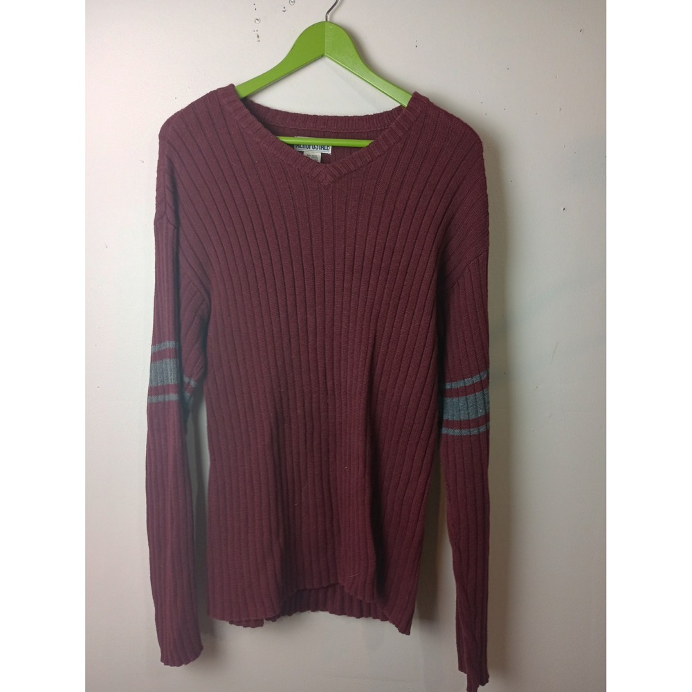 Aeropostale Burgundy Ribbed V-Neck Sweater Grey Sleeve Stripes Large